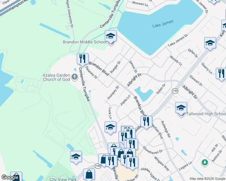 map of restaurants, bars, coffee shops, grocery stores, and more near 1739 Pompey Street in Virginia Beach