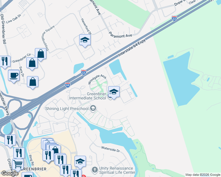 map of restaurants, bars, coffee shops, grocery stores, and more near 2049 Woodgate Arch in Chesapeake