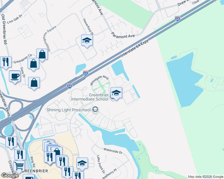 map of restaurants, bars, coffee shops, grocery stores, and more near 2049 Woodgate Arch in Chesapeake