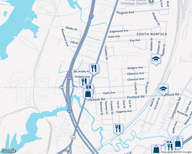 map of restaurants, bars, coffee shops, grocery stores, and more near 824 Post Avenue in Chesapeake