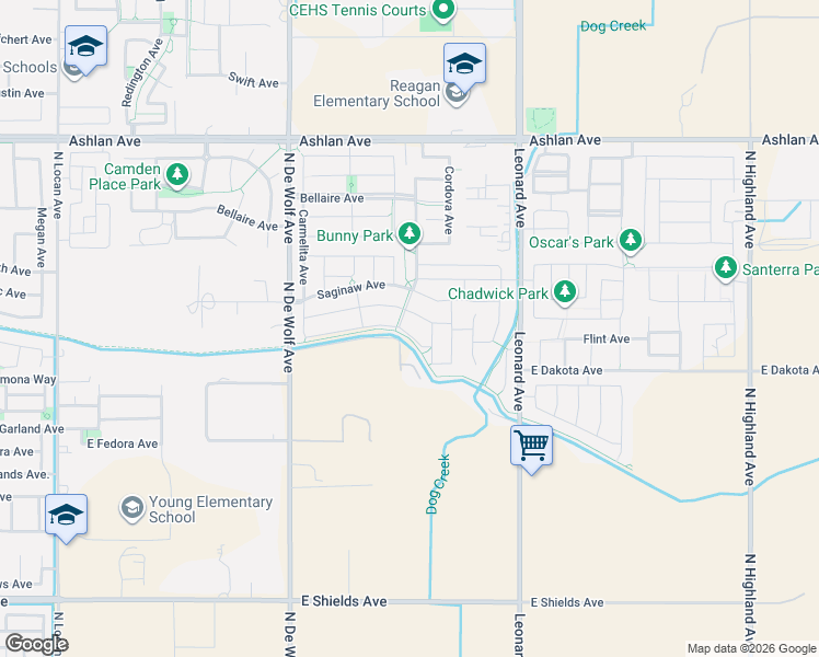 map of restaurants, bars, coffee shops, grocery stores, and more near 3611 Lansing Avenue in Clovis