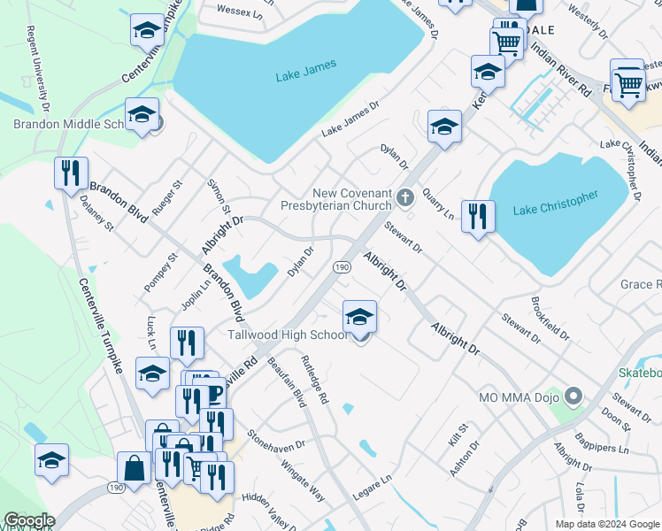 map of restaurants, bars, coffee shops, grocery stores, and more near 1658 Guthrie Street in Virginia Beach