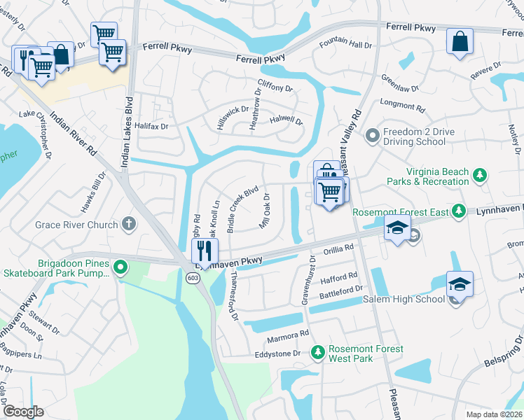 map of restaurants, bars, coffee shops, grocery stores, and more near 1622 Mill Oak Drive in Virginia Beach
