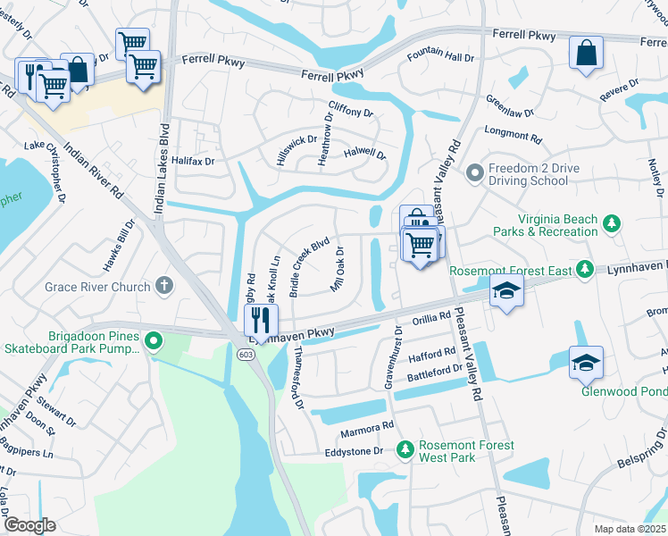 map of restaurants, bars, coffee shops, grocery stores, and more near 1613 Mill Oak Drive in Virginia Beach