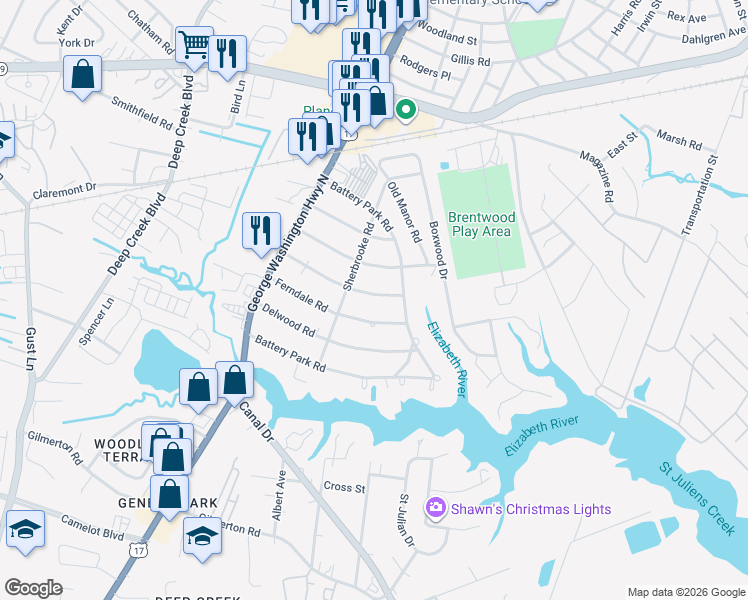 map of restaurants, bars, coffee shops, grocery stores, and more near 2220 Ferndale Road in Chesapeake