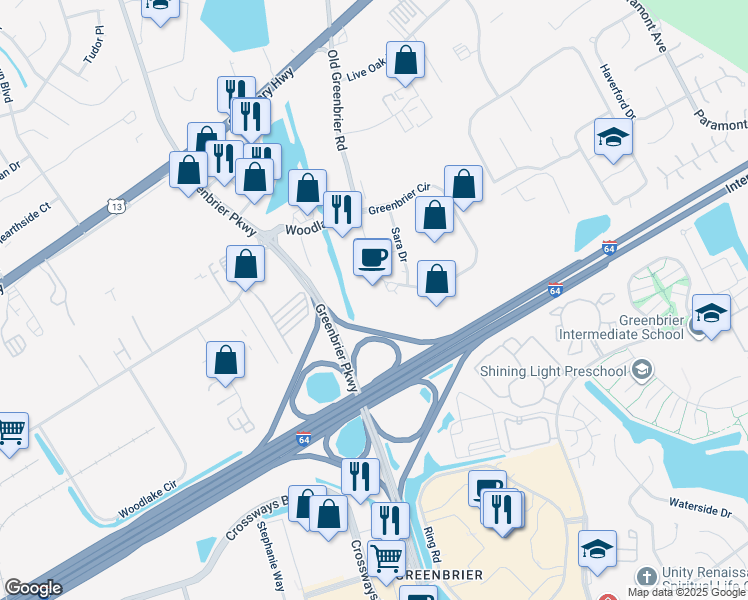 map of restaurants, bars, coffee shops, grocery stores, and more near 860 Greenbrier Circle in Chesapeake