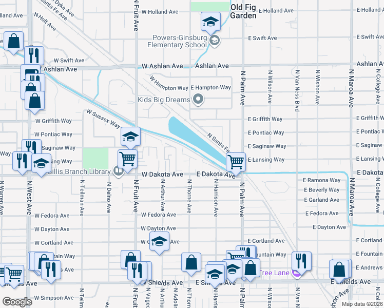 map of restaurants, bars, coffee shops, grocery stores, and more near 5 East Saginaw Way in Fresno