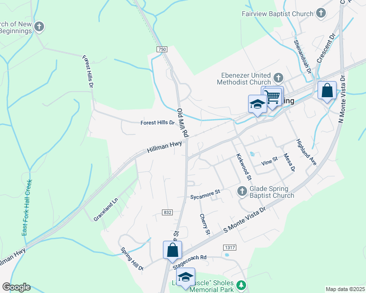 map of restaurants, bars, coffee shops, grocery stores, and more near 514 West Glade Street in Glade Spring