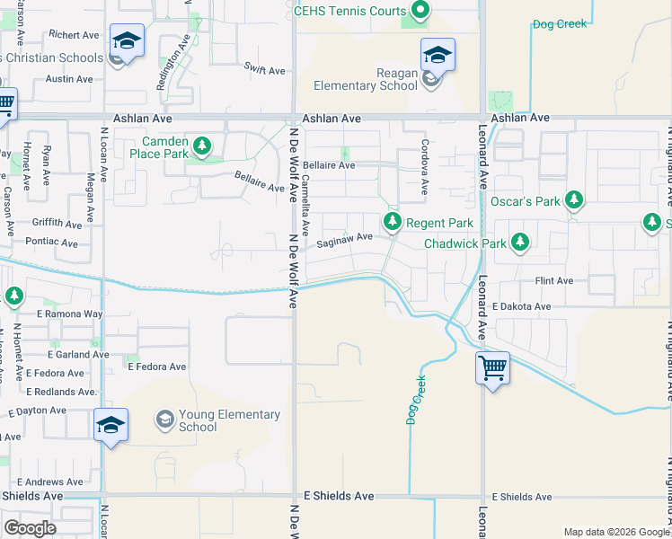 map of restaurants, bars, coffee shops, grocery stores, and more near 3433 Lansing Avenue in Clovis