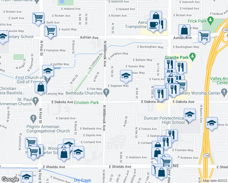 map of restaurants, bars, coffee shops, grocery stores, and more near 3759 East Dakota Avenue in Fresno