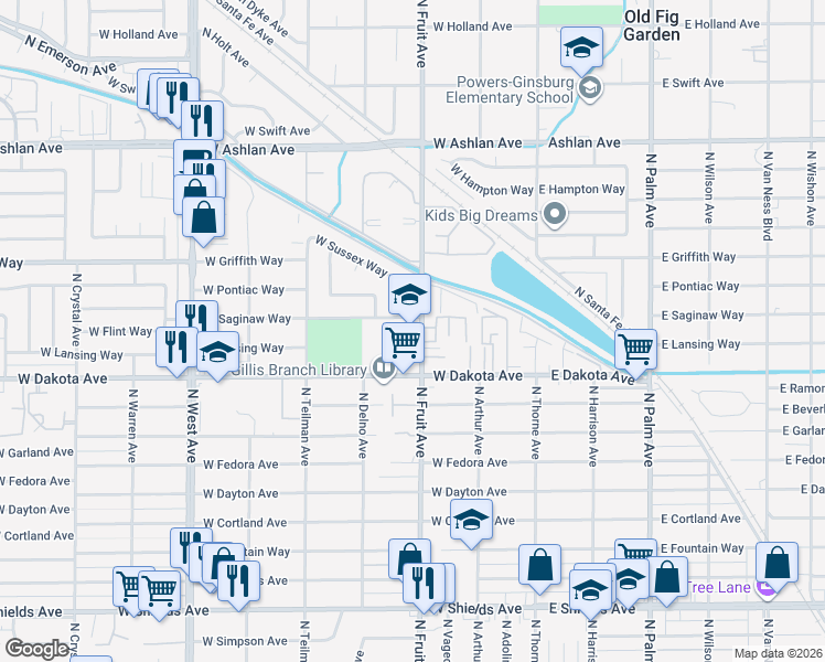 map of restaurants, bars, coffee shops, grocery stores, and more near 606 West Dakota Avenue in Fresno