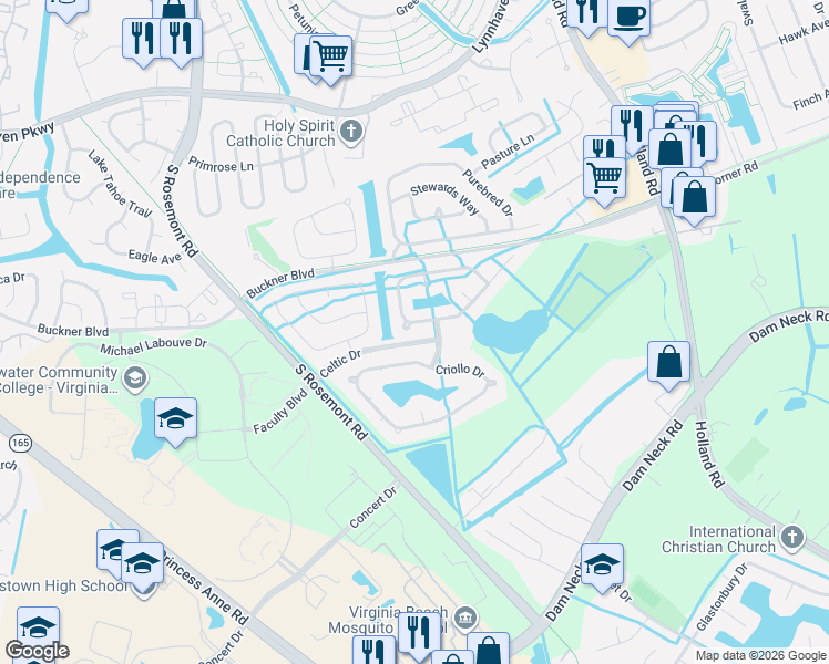 map of restaurants, bars, coffee shops, grocery stores, and more near 3512 Criollo Drive in Virginia Beach