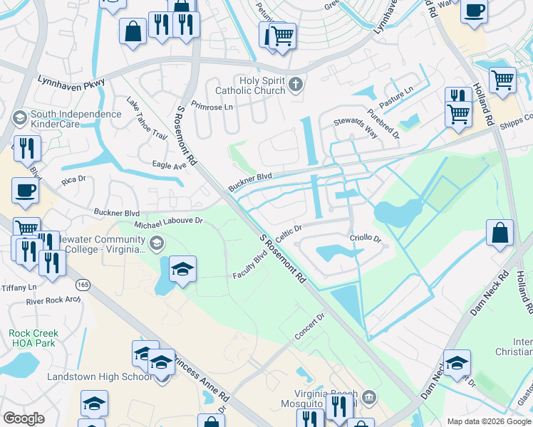 map of restaurants, bars, coffee shops, grocery stores, and more near 3545 Light Horse Loop in Virginia Beach