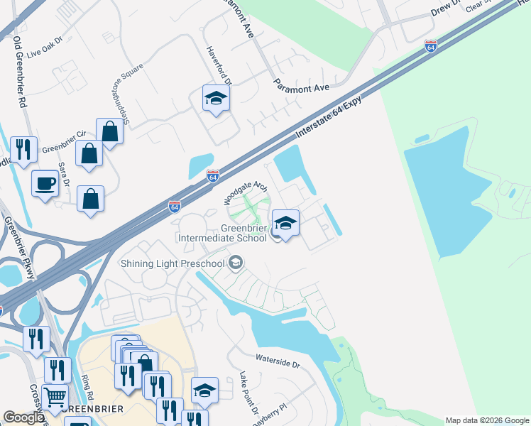 map of restaurants, bars, coffee shops, grocery stores, and more near 2049 Woodgate Arch in Chesapeake