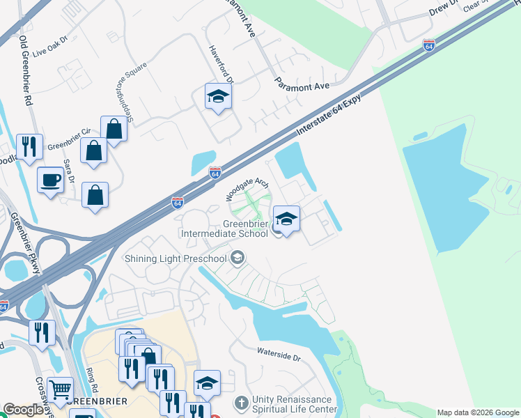 map of restaurants, bars, coffee shops, grocery stores, and more near 2049 Woodgate Arch in Chesapeake