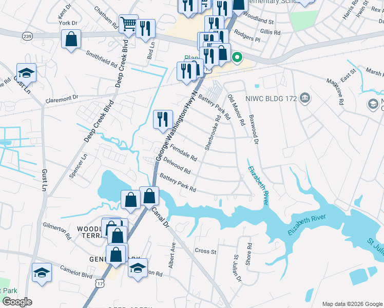 map of restaurants, bars, coffee shops, grocery stores, and more near 2301 Ferndale Road in Chesapeake