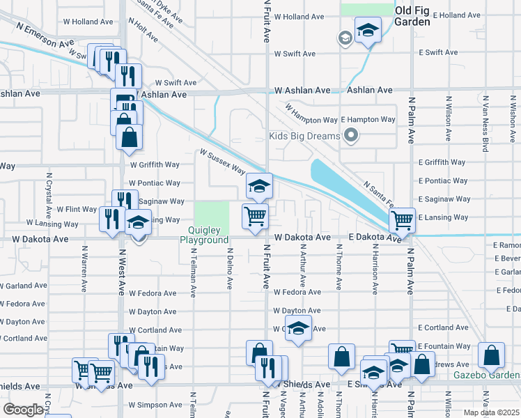map of restaurants, bars, coffee shops, grocery stores, and more near 525 West Saginaw Way in Fresno