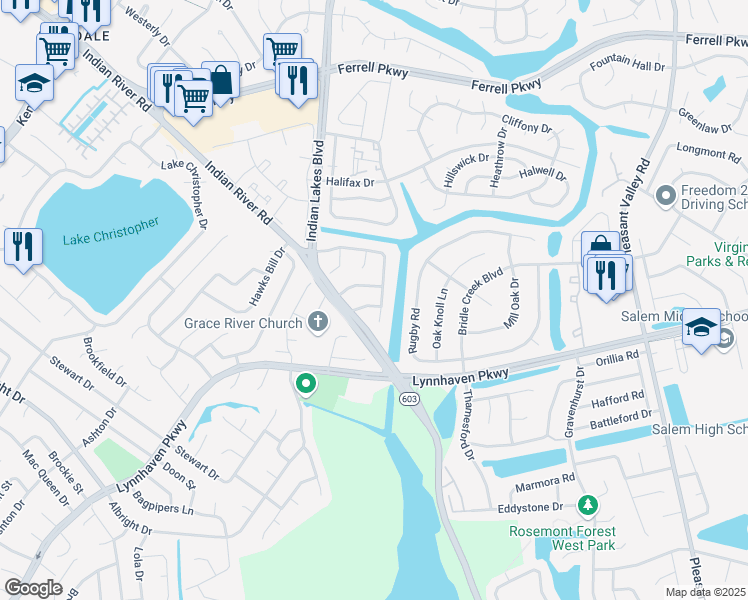 map of restaurants, bars, coffee shops, grocery stores, and more near 5204 Stockton Drive in Virginia Beach