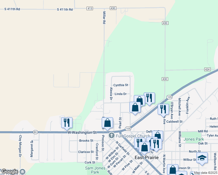 map of restaurants, bars, coffee shops, grocery stores, and more near 64 Alesia Drive in East Prairie