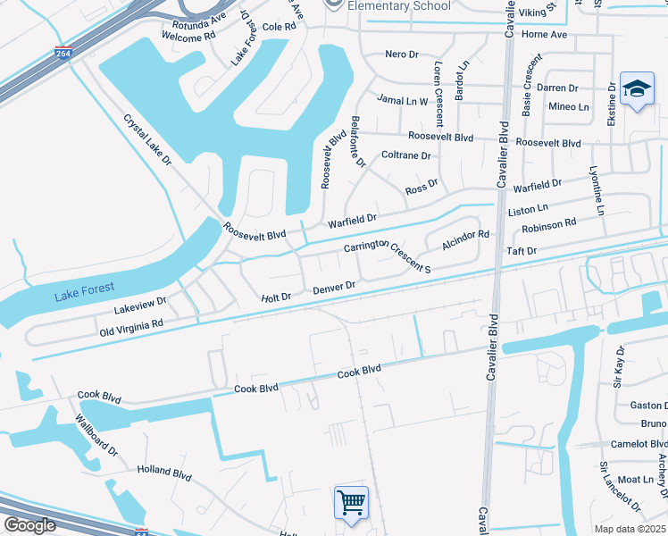 map of restaurants, bars, coffee shops, grocery stores, and more near 1302 Denver Drive in Portsmouth