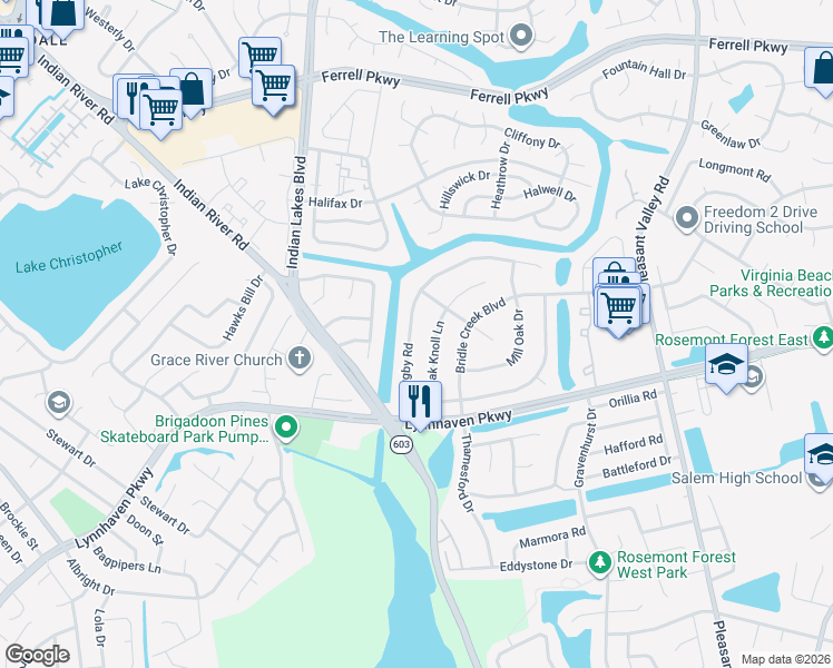 map of restaurants, bars, coffee shops, grocery stores, and more near 4961 Rugby Road in Virginia Beach
