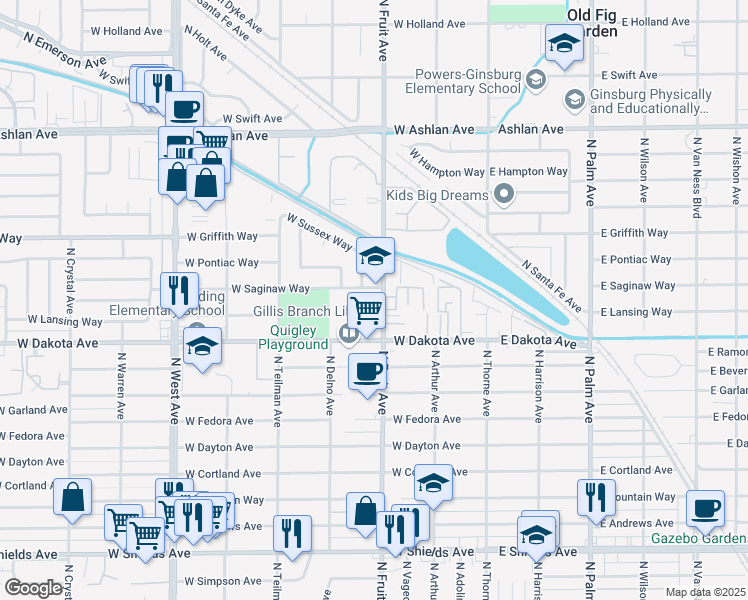 map of restaurants, bars, coffee shops, grocery stores, and more near 525 West Saginaw Way in Fresno