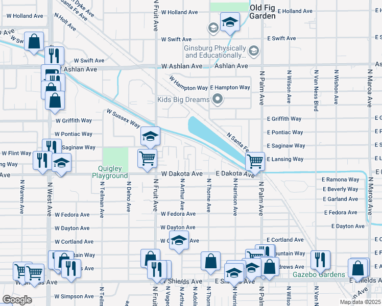 map of restaurants, bars, coffee shops, grocery stores, and more near 216 West Dakota Avenue in Fresno