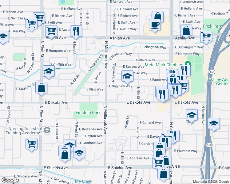 map of restaurants, bars, coffee shops, grocery stores, and more near 3759 East Dakota Avenue in Fresno