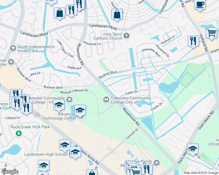 map of restaurants, bars, coffee shops, grocery stores, and more near 3561 Light Horse Loop in Virginia Beach