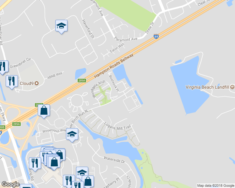 map of restaurants, bars, coffee shops, grocery stores, and more near 2020 Fawnwood Common in Chesapeake