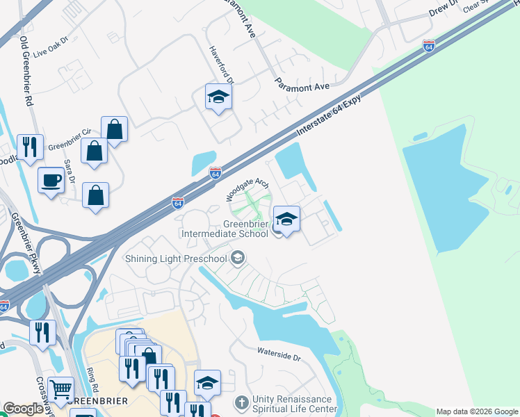 map of restaurants, bars, coffee shops, grocery stores, and more near 2049 Woodgate Arch in Chesapeake