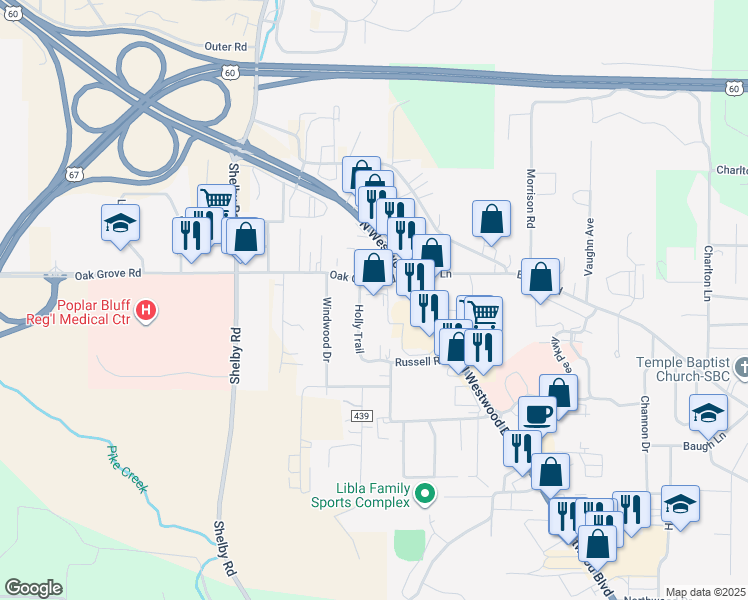 map of restaurants, bars, coffee shops, grocery stores, and more near 2733 Holly Trail in Poplar Bluff