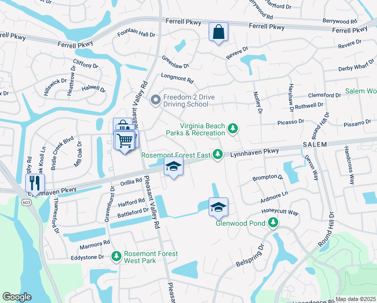map of restaurants, bars, coffee shops, grocery stores, and more near 1206 Quarter Way in Virginia Beach
