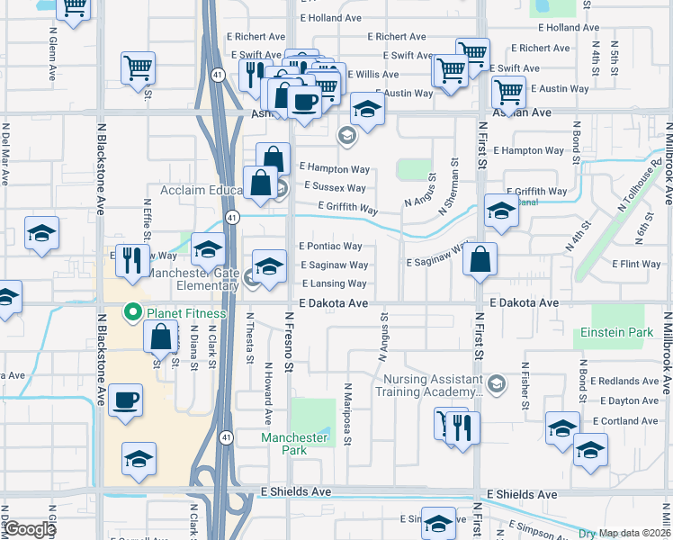 map of restaurants, bars, coffee shops, grocery stores, and more near 2642 East Lansing Way in Fresno