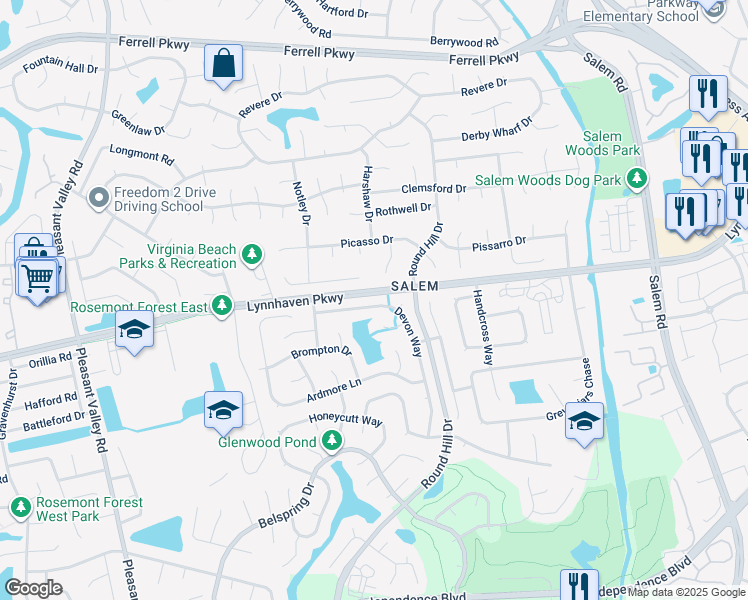 map of restaurants, bars, coffee shops, grocery stores, and more near 1604 Devon Way in Virginia Beach
