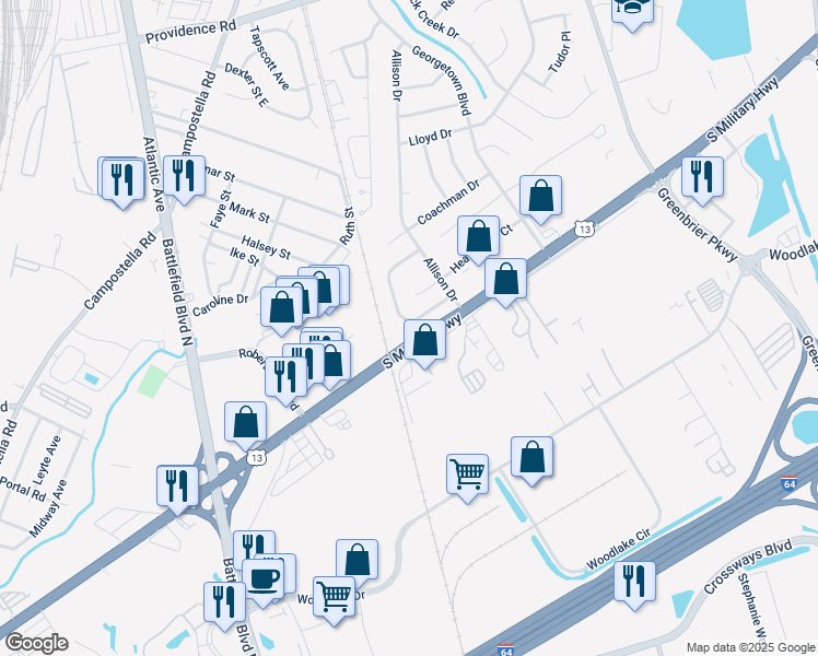 map of restaurants, bars, coffee shops, grocery stores, and more near 1846 Candlelight Drive in Chesapeake