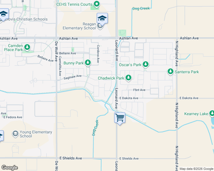 map of restaurants, bars, coffee shops, grocery stores, and more near 3513 Leonard Avenue in Fresno