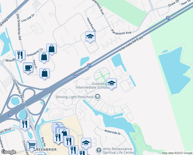 map of restaurants, bars, coffee shops, grocery stores, and more near 1805 Carrollwood Common in Chesapeake