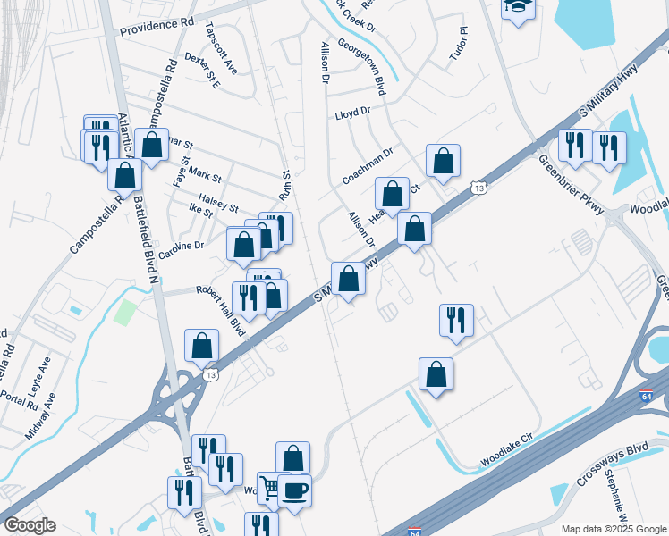 map of restaurants, bars, coffee shops, grocery stores, and more near 1846 Candlelight Drive in Chesapeake