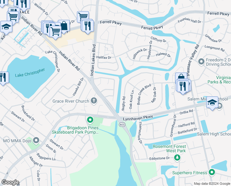 map of restaurants, bars, coffee shops, grocery stores, and more near 5142 Settlers Park Drive in Virginia Beach