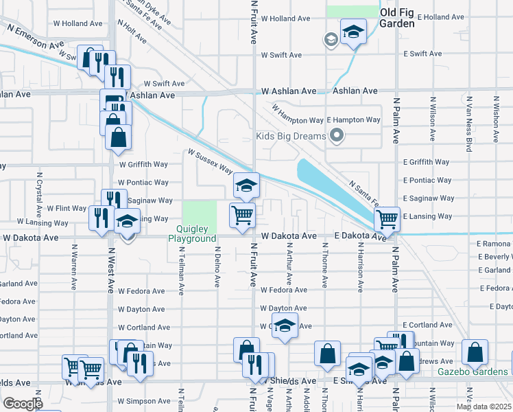 map of restaurants, bars, coffee shops, grocery stores, and more near 3840 North Fruit Avenue in Fresno