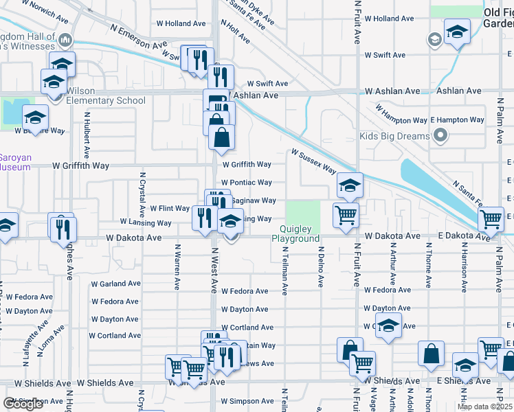 map of restaurants, bars, coffee shops, grocery stores, and more near 1039 West Saginaw Way in Fresno