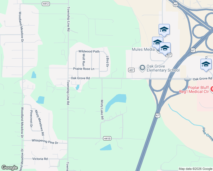map of restaurants, bars, coffee shops, grocery stores, and more near 100 Misty Lake Road in Poplar Bluff