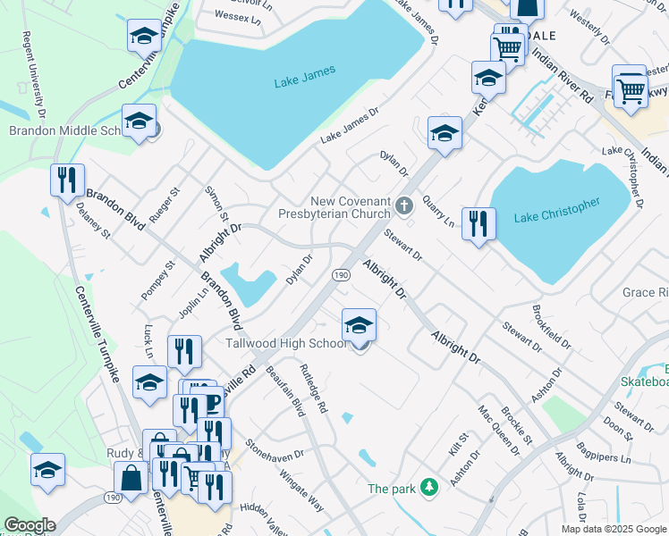 map of restaurants, bars, coffee shops, grocery stores, and more near 1654 Guthrie Street in Virginia Beach