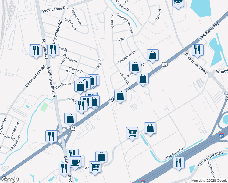 map of restaurants, bars, coffee shops, grocery stores, and more near 1846 Candlelight Drive in Chesapeake