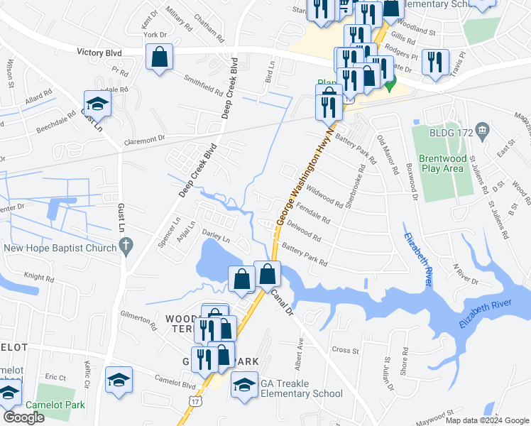 map of restaurants, bars, coffee shops, grocery stores, and more near 2433 Shamrock Garden Road in Chesapeake