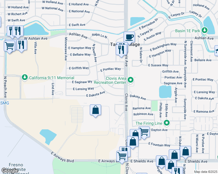 map of restaurants, bars, coffee shops, grocery stores, and more near 5558 East Edith Drive in Fresno