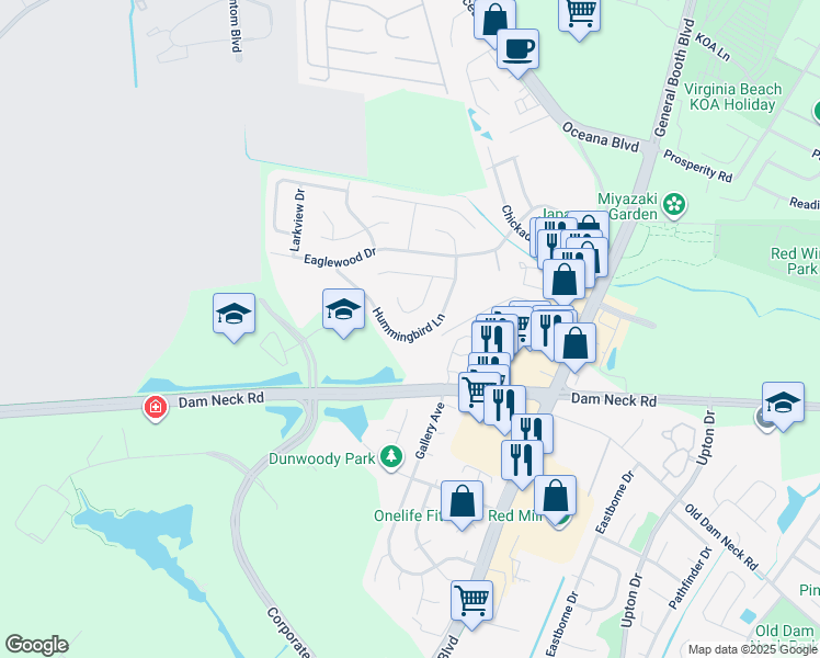 map of restaurants, bars, coffee shops, grocery stores, and more near 1550 Hummingbird Lane in Virginia Beach