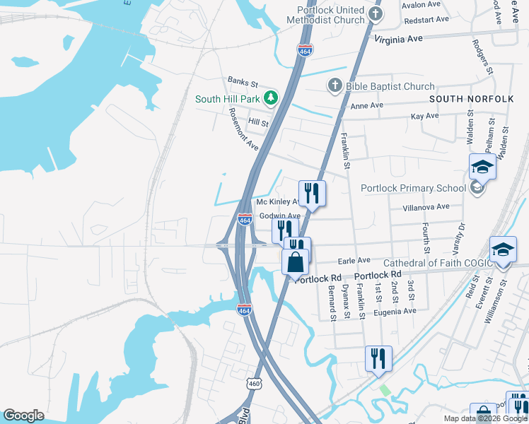 map of restaurants, bars, coffee shops, grocery stores, and more near 907 Godwin Avenue in Chesapeake
