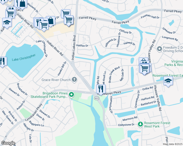 map of restaurants, bars, coffee shops, grocery stores, and more near 5144 Settlers Park Drive in Virginia Beach